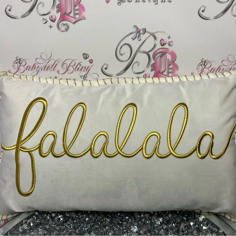Falalala pillow Christmas decor white gold shimmer embroidered XMAS holidays